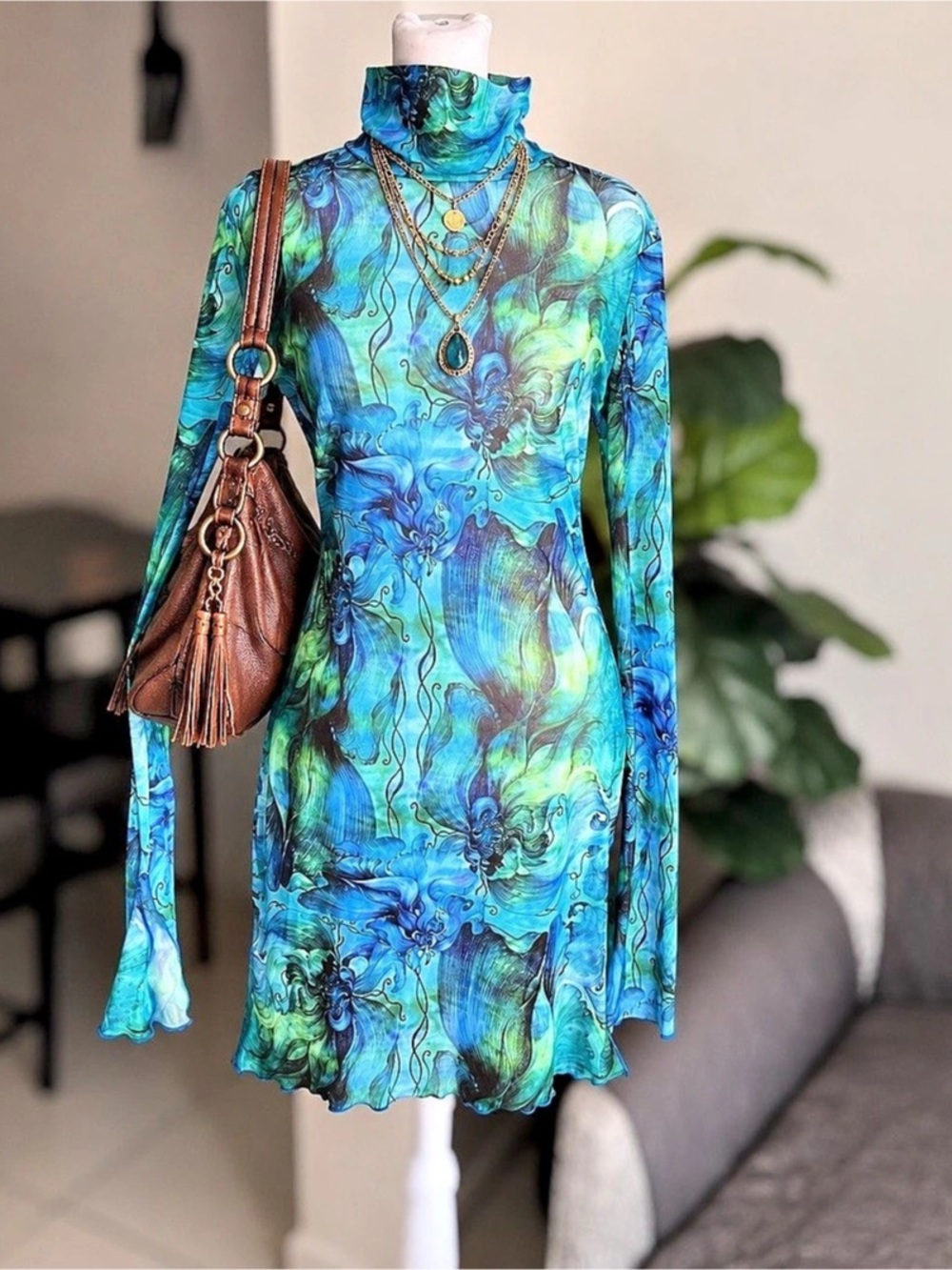 SHEIN Size L Mesh Floral Mock Neck Long Sleeve Mini Dress